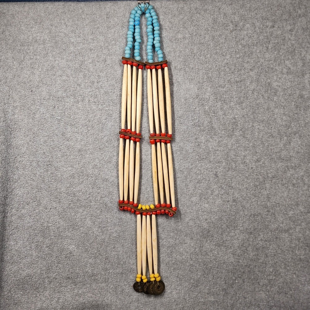 Vintage Native American Style Hairpipe Breastplate Necklace Bone Beads Leather